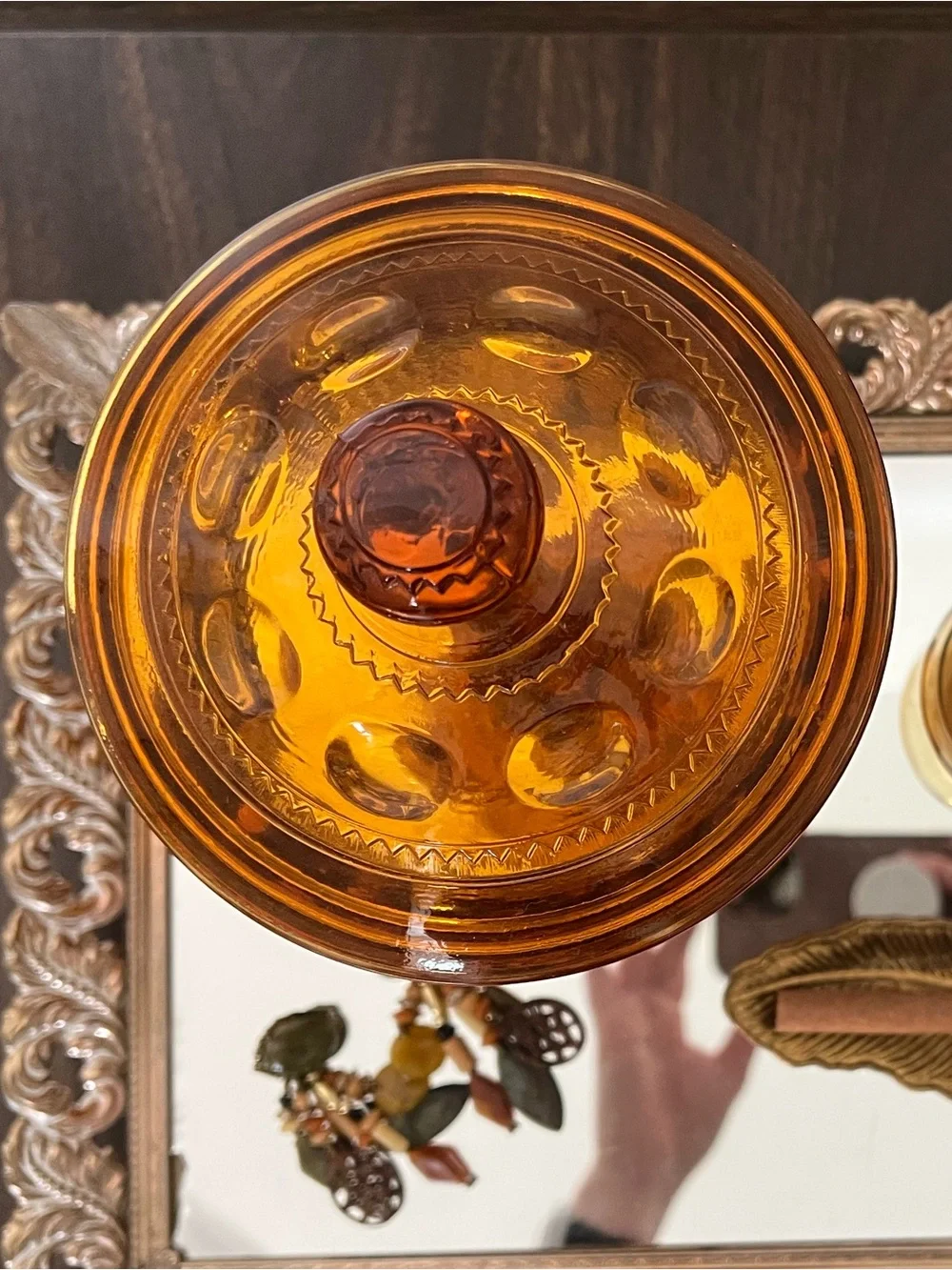 Vtg 1960-70s Amber King's Crown Pedestal Candy Dish Thumbprint Lidded Compote